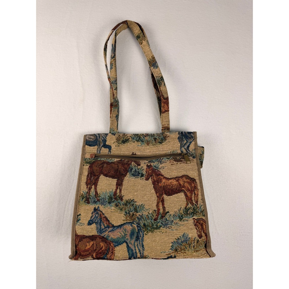 Vintage Jade Tapestry Horse Print Tote Bag Brown Tan Equestrian Shoulder Bag